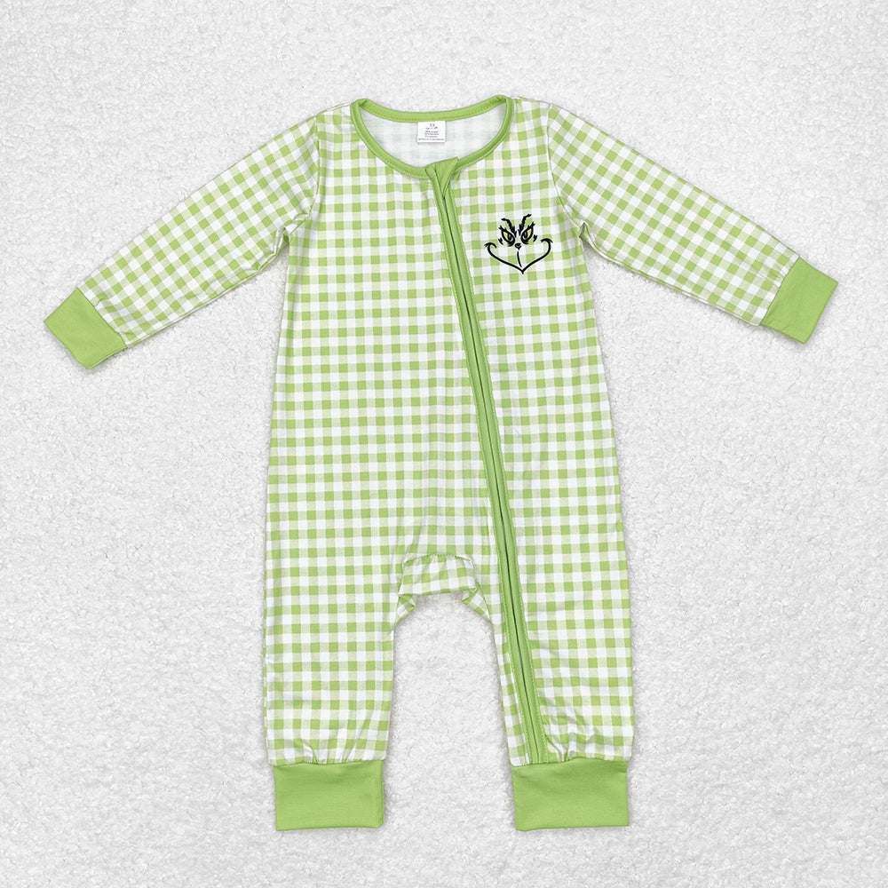 Baby Infant Boys Christmas Green Face Smile Zip Bamboo Rompers