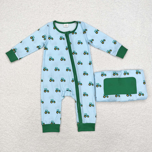 Baby Infant Boys Green Tractors Bamboo Zip Rompers