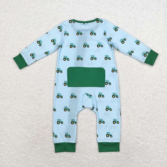 Baby Infant Boys Green Tractors Bamboo Zip Rompers