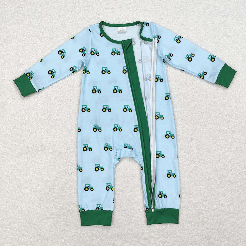 Baby Infant Boys Green Tractors Bamboo Zip Rompers