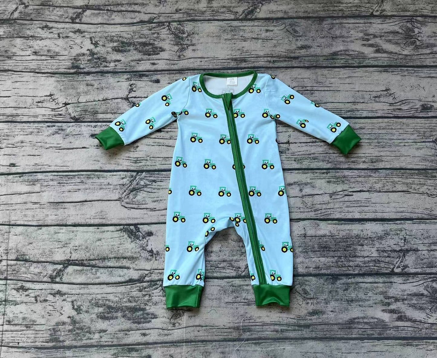 Baby Infant Boys Green Tractors Bamboo Zip Rompers