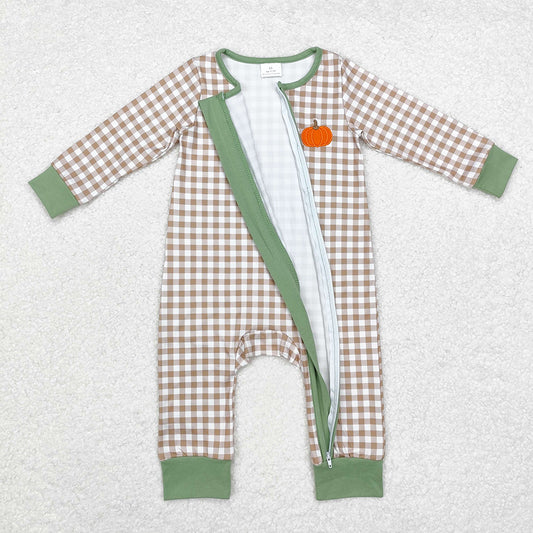 Baby Infant Boys Fall Checkered Pumpkin Zip Rompers