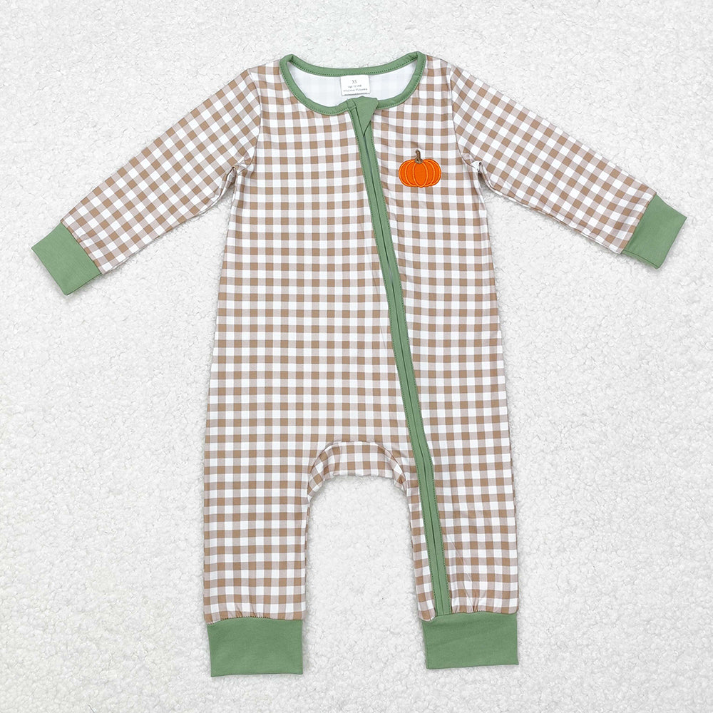 Baby Infant Boys Fall Checkered Pumpkin Zip Rompers