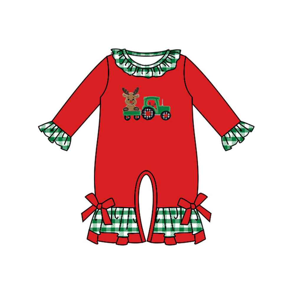 Baby Infant Girls Red Christmas Tractor Deer Rompers preorder