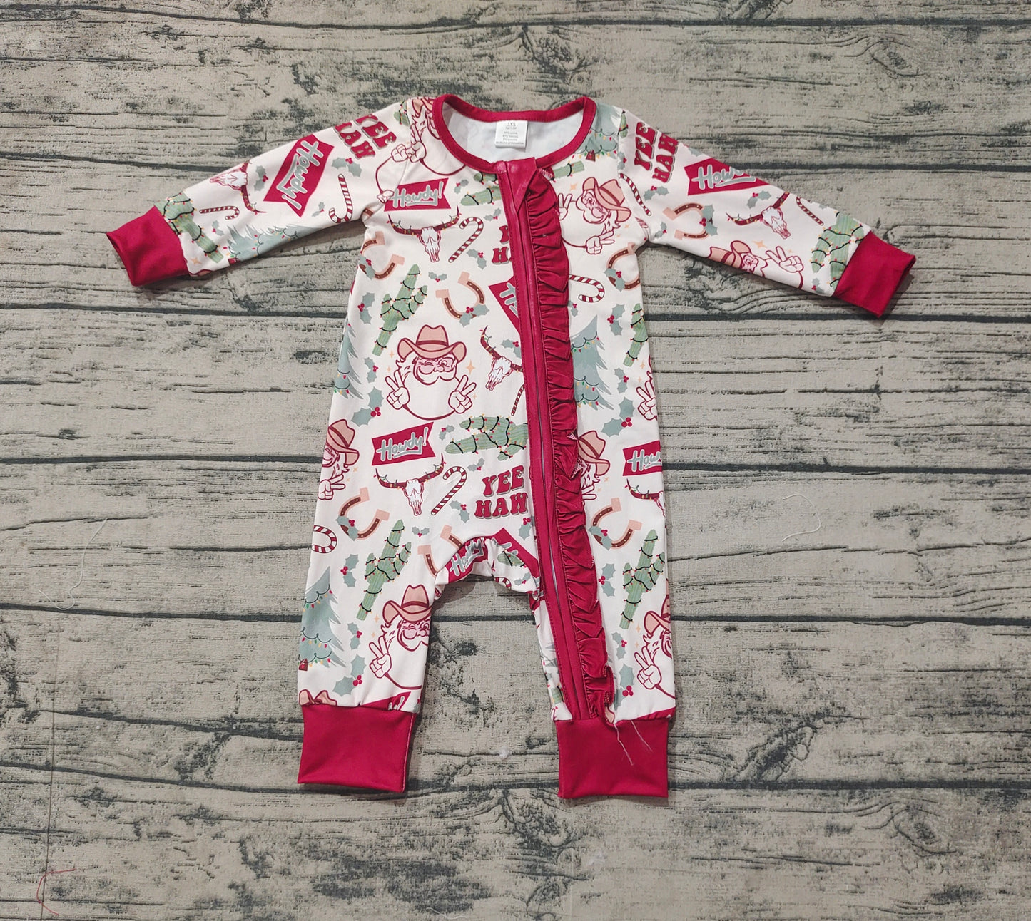 Baby Infant Girls Christmas Western Cactus Santa Bamboo Zip Rompers