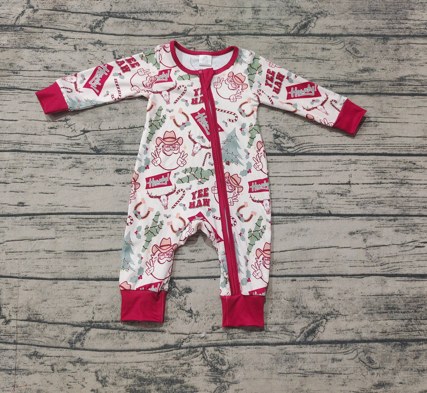 Baby Infant Boys Christmas Western Cactus Santa Bamboo Zip Rompers