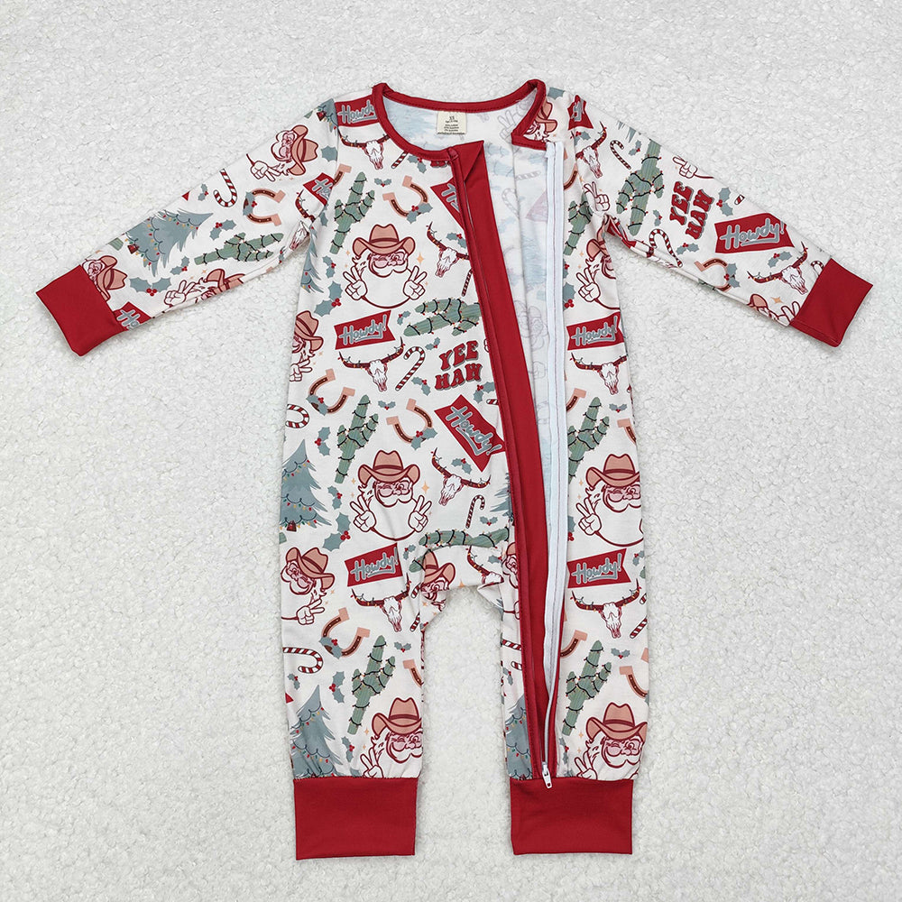 Sibling Boys Girls Christmas Western Santa Cactus Bamboo Rompers Pajamas