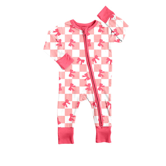 Baby Infant Girls Pink Checkered Bows Zip Long Sleeve Rompers preorder