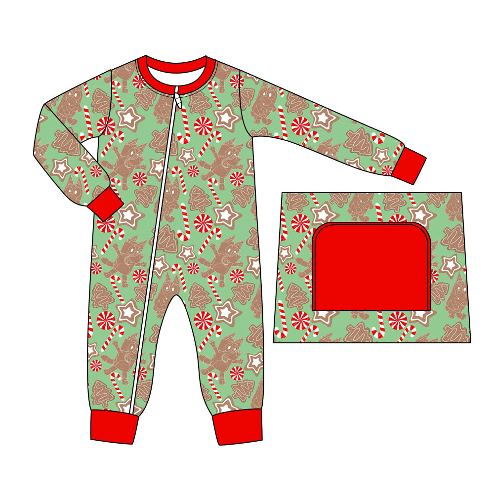 Baby Infant Boys Christmas Dog Candy Cane Zip Long Sleeve Rompers preorder