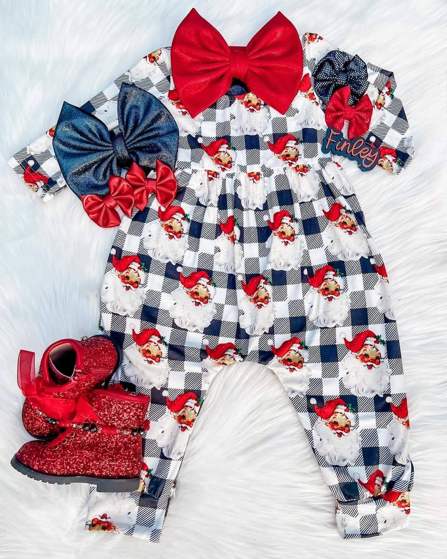 Baby Infant Girls Christmas Black Checkered Santas Long Sleeve Rompers preorder