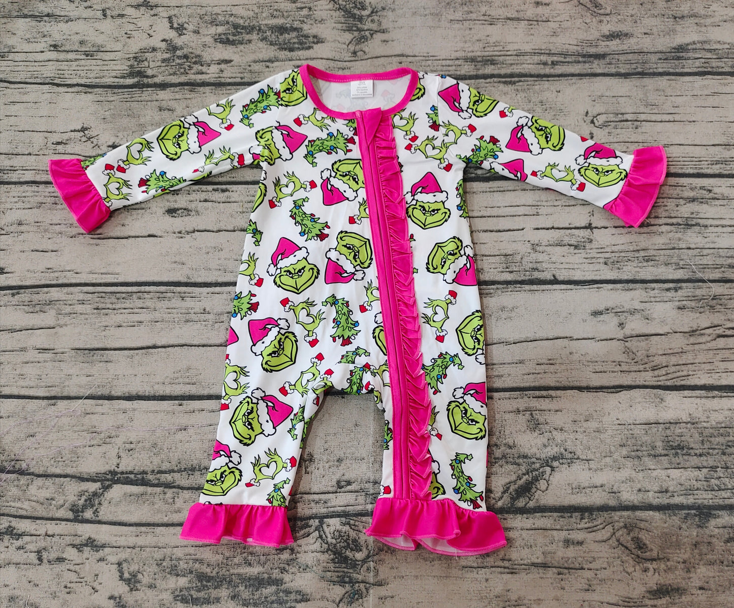 Baby Infant Girls Pink Christmas Green Face Hearts Bamboo Ruffles Rompers