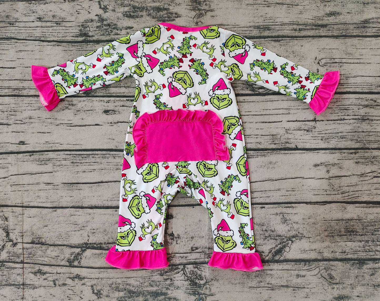 Baby Infant Girls Pink Christmas Green Face Hearts Bamboo Ruffles Rompers