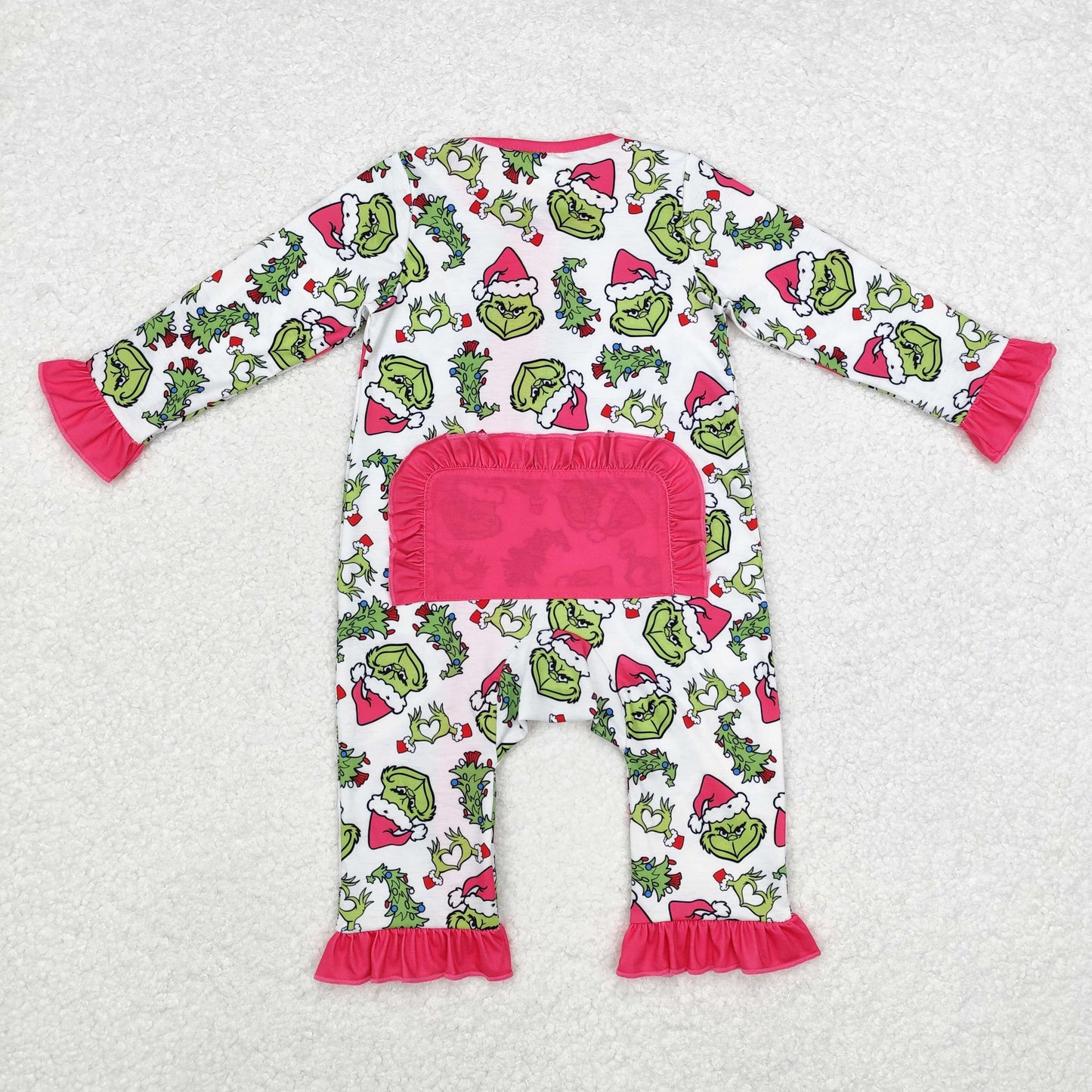 Baby Infant Girls Pink Christmas Green Face Hearts Bamboo Ruffles Rompers