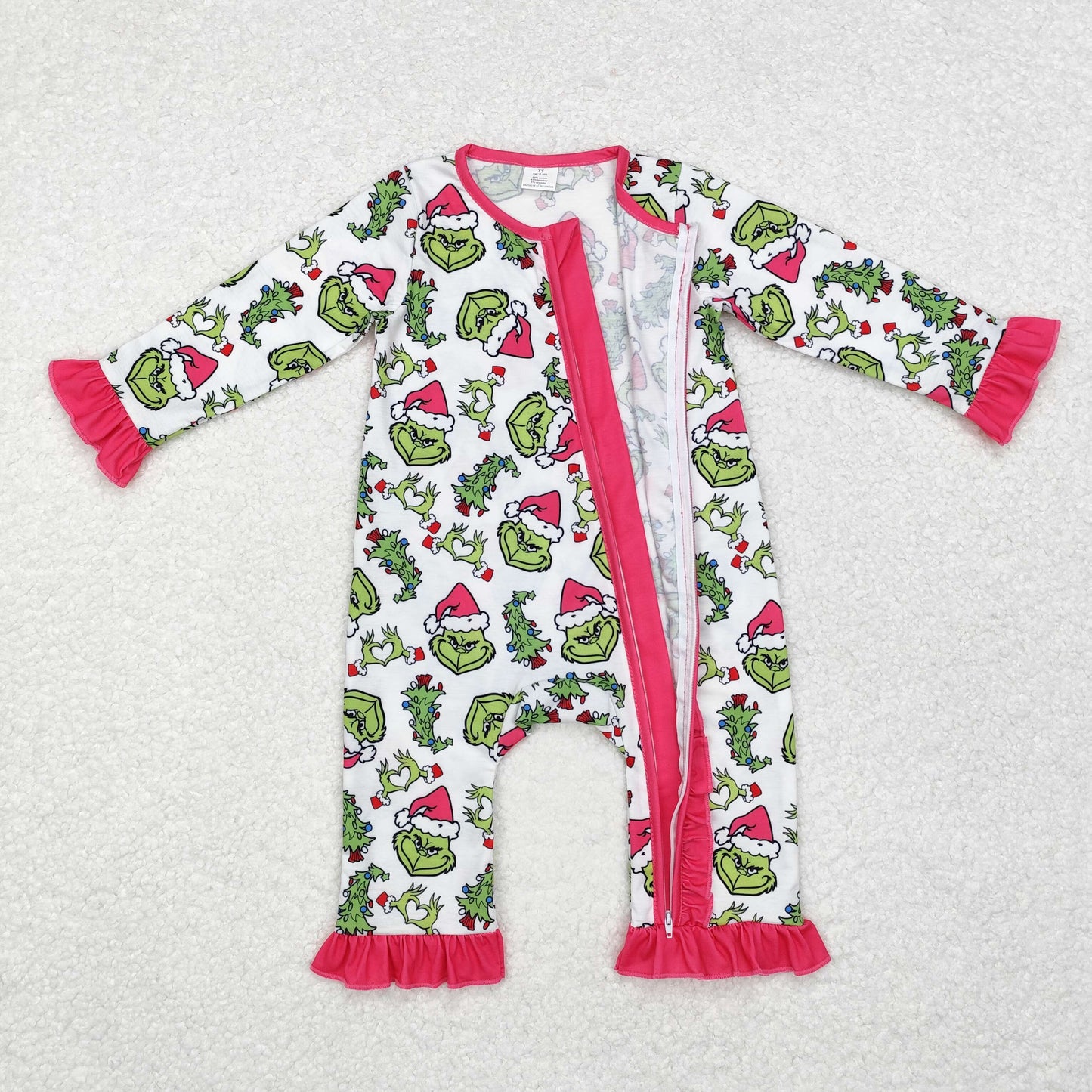 Baby Infant Girls Pink Christmas Green Face Hearts Bamboo Ruffles Rompers