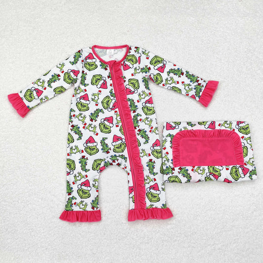 USA Shop Baby Infant Girls Pink Christmas Green Face Hearts Bamboo Ruffles Rompers