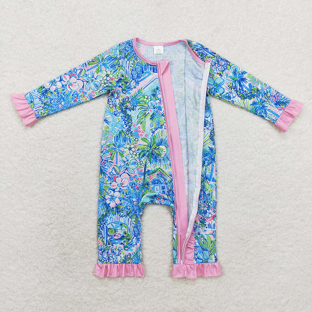 Sibling Baby Girls Blue Floral Ruffle Pant Bamboo Pajamas Sets Zipper Footie Rompers