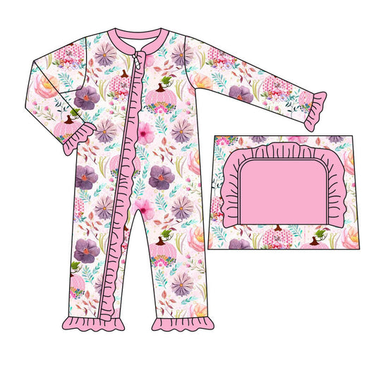 Baby Infant Girls Pink Pumpkins Flowers Long Sleeve Rompers preorder