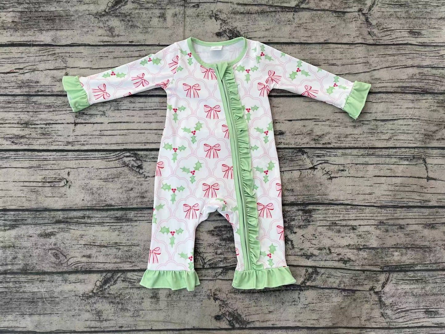 Baby Infant Girls Christmas Bows Holly Long Sleeve Zip Rompers