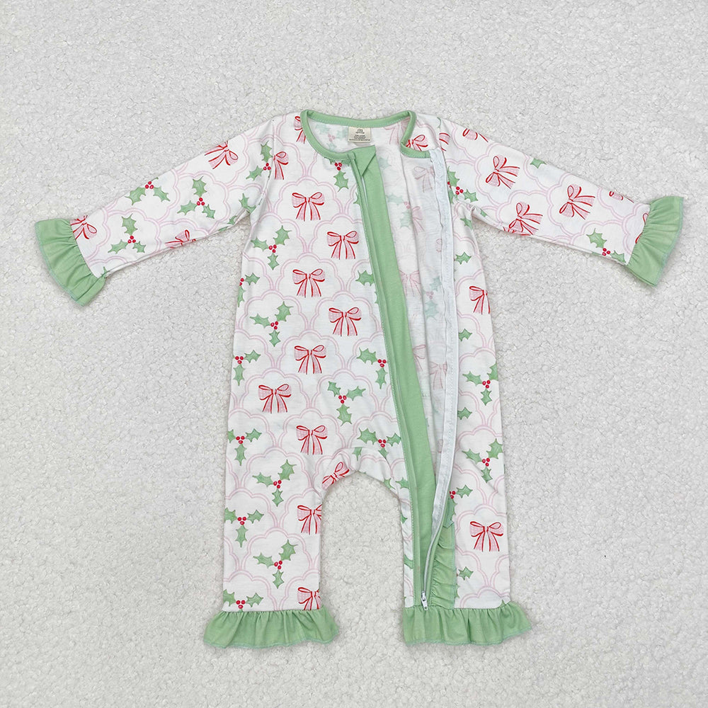 Baby Infant Girls Christmas Bows Holly Long Sleeve Zip Rompers