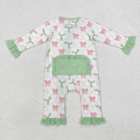 Baby Infant Girls Christmas Bows Holly Long Sleeve Zip Rompers