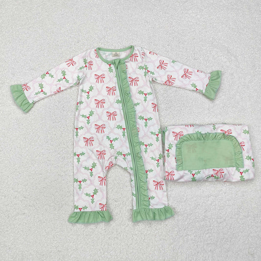 Baby Infant Girls Christmas Bows Holly Long Sleeve Zip Rompers