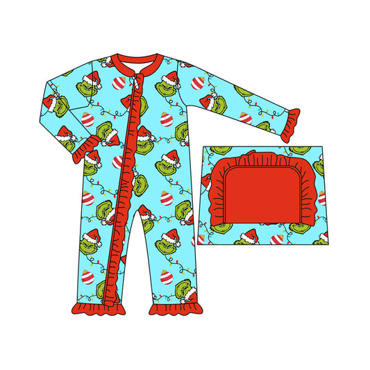 Baby Infant Girls Christmas Green Face Long Sleeve Zip Rompers preorder