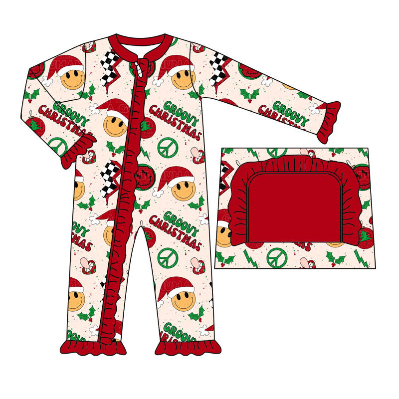 Baby Infant Girls Christmas Groovy Smile Long Sleeve Zip Rompers preorder