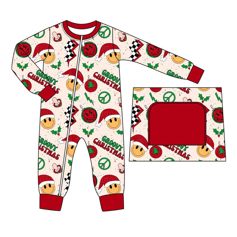 Baby Infant Boys Christmas Groovy Smile Long Sleeve Zip Rompers preorder