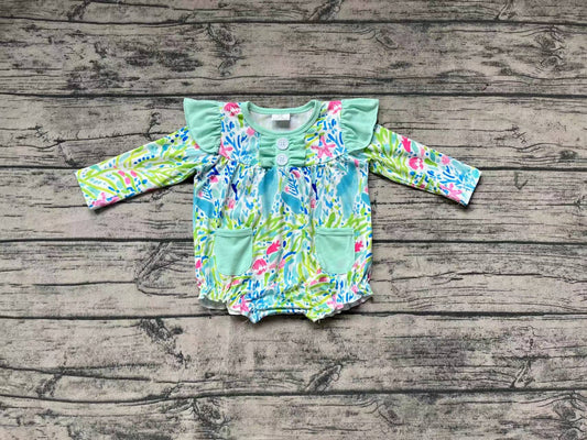 Baby Infant Toddler Girls Green Leaves Pockets Ruffles Rompers