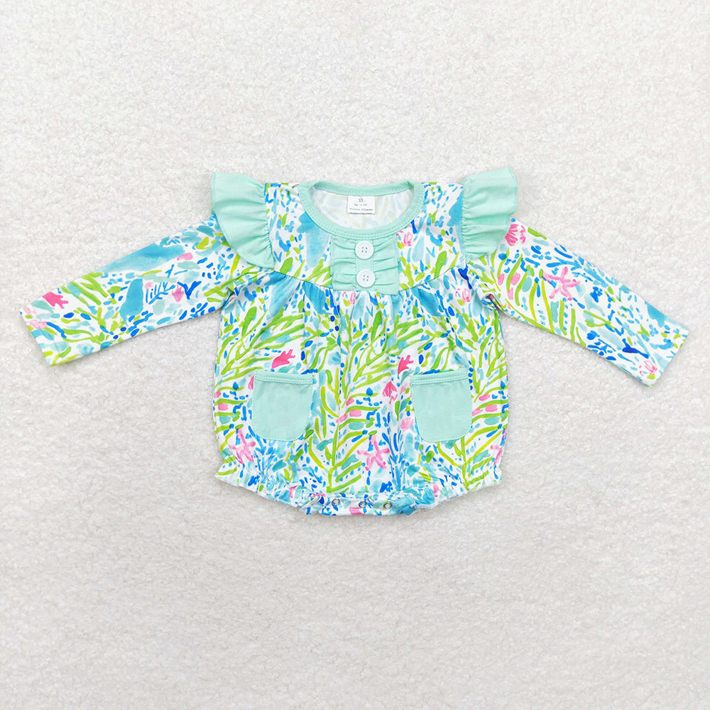 Baby Infant Toddler Girls Green Leaves Pockets Ruffles Rompers