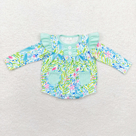 Baby Infant Toddler Girls Green Leaves Pockets Ruffles Rompers
