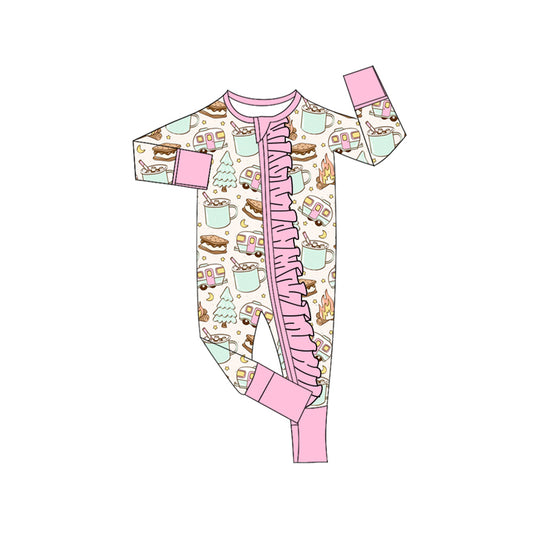 Baby Infant Toddler Girls Pink Cars Cookies Ruffles Zip Rompers preorder