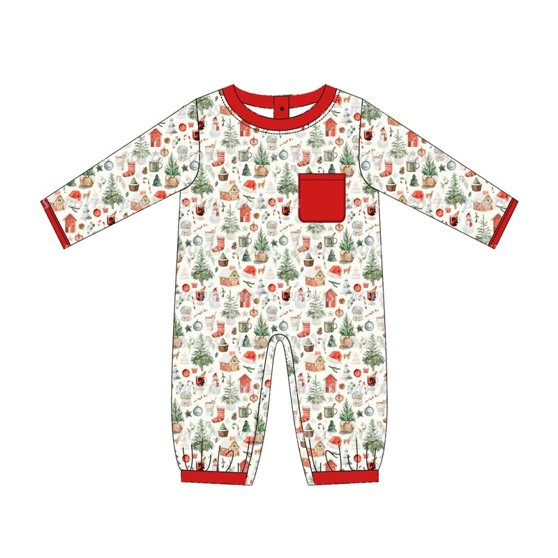 Baby Infant Toddler Boys Christmas House Pocket Long Sleeve Rompers preorder