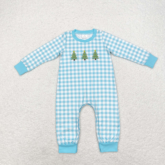 Baby Infant Boys Christmas Tree Blue Checkered Rompers