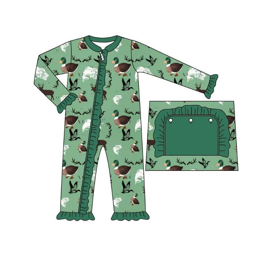 Baby Infant Girls Mallard Ducks Wild Green Zip Rompers preorder