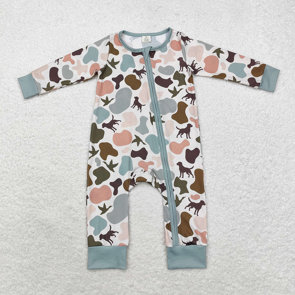 Sibling Baby Boys Bamboo Southern Camo Dogs Ducks Hunting Zip Rompers