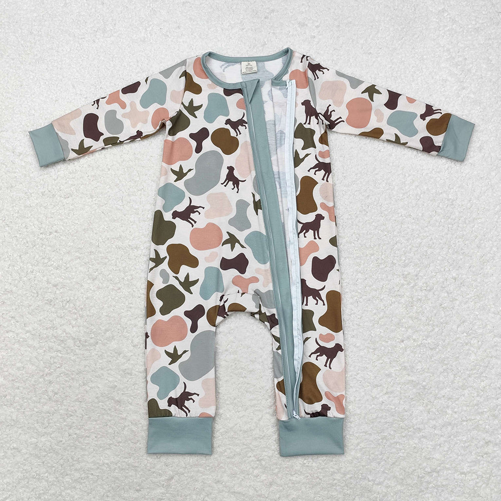 Baby Infant Boys Camo Dogs Duck Bamboo Zip Rompers