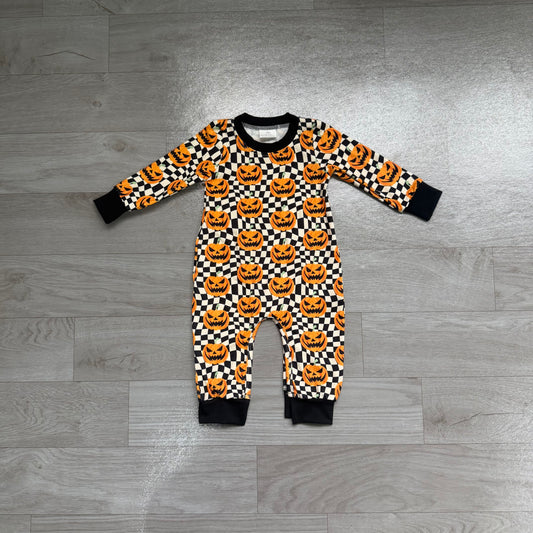 Baby Boys Ghost Pumpkins Black Checkered Halloween Rompers Preorder