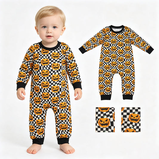 Baby Boys Ghost Pumpkins Black Checkered Halloween Pant Rompers