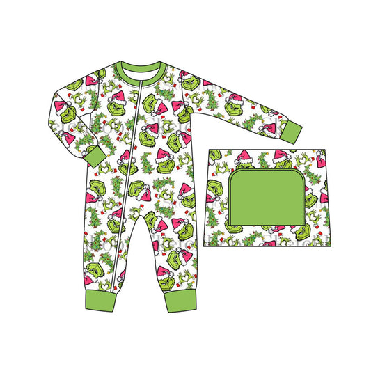 Baby Infant Boys Christmas Green Face Tree Zip Rompers preorder