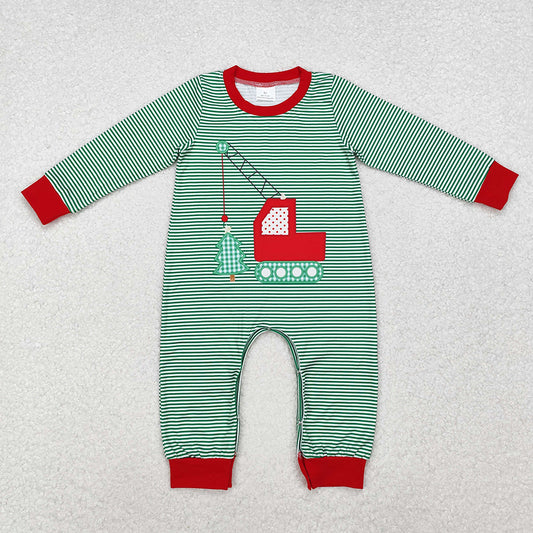 Baby Infant Boys Christmas Green Stripes Construction Tree Rompers