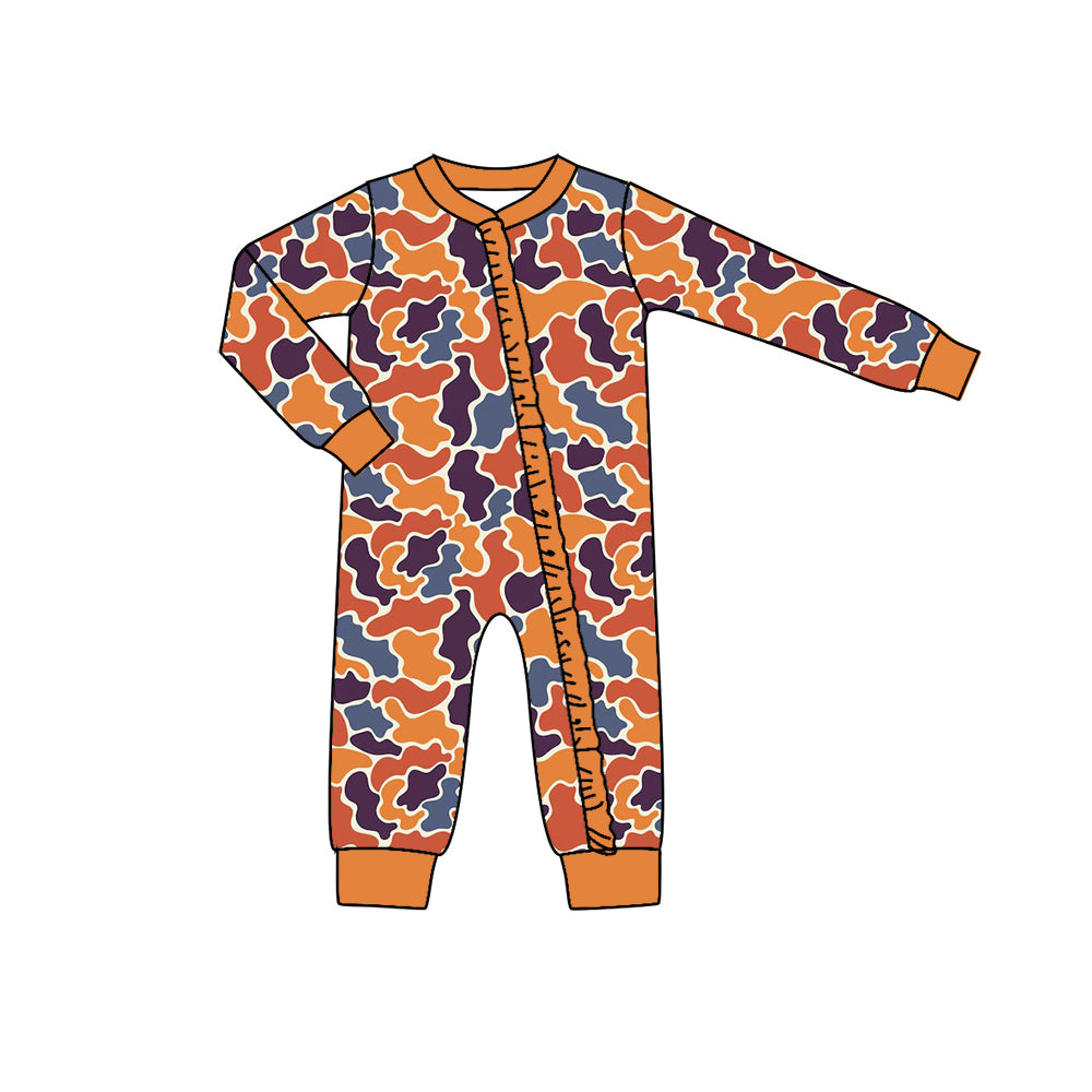 Baby Infant Girls Fall Navy Orange Camo Zip Long Sleeve Rompers preorder