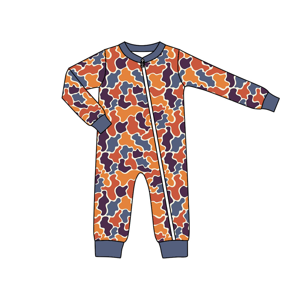 Baby Infant Boys Fall Navy Orange Camo Zip Long Sleeve Rompers preorder