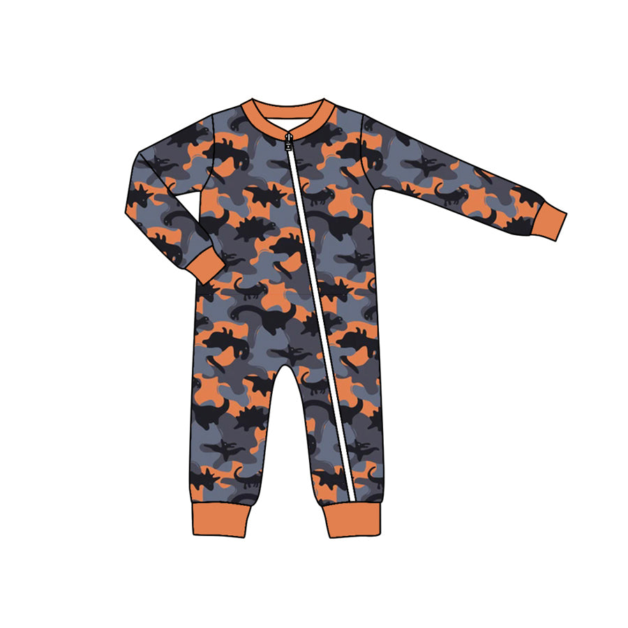 Baby Infant Boys Fall Grey Orange Dinosaurs Camo Zip Long Sleeve Rompers preorder