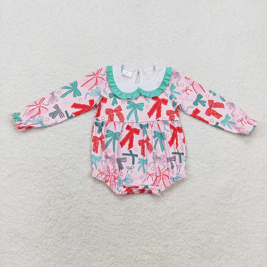 Baby Infant Girls Christmas Pink Bows Long Sleeve Rompers