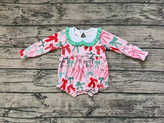 Baby Infant Girls Christmas Pink Bows Long Sleeve Rompers