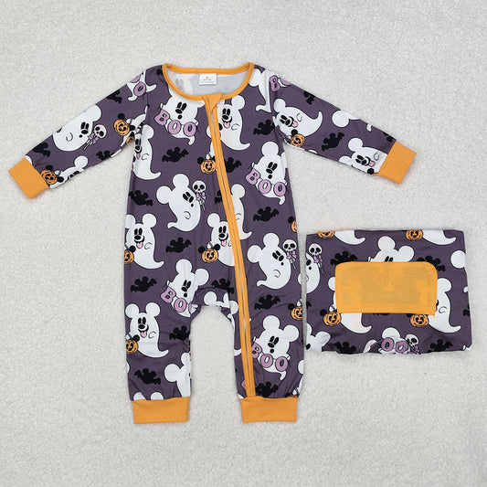 Baby Infant Boys Halloween Grey Ghost Zip Long Sleeve Rompers