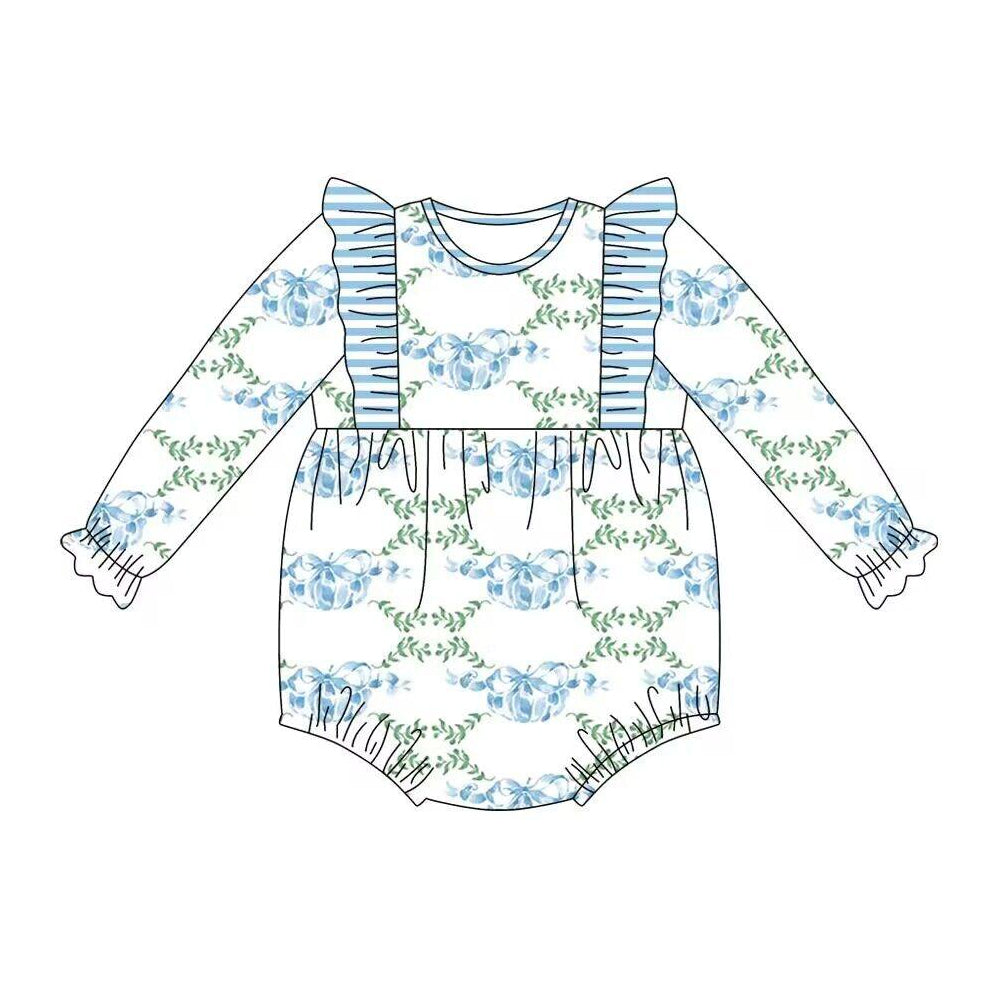 Baby Infant Girls Blue Pumpkins Bows Long Sleeve Rompers preorder