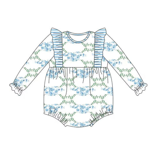 Baby Infant Girls Blue Pumpkins Bows Long Sleeve Rompers preorder