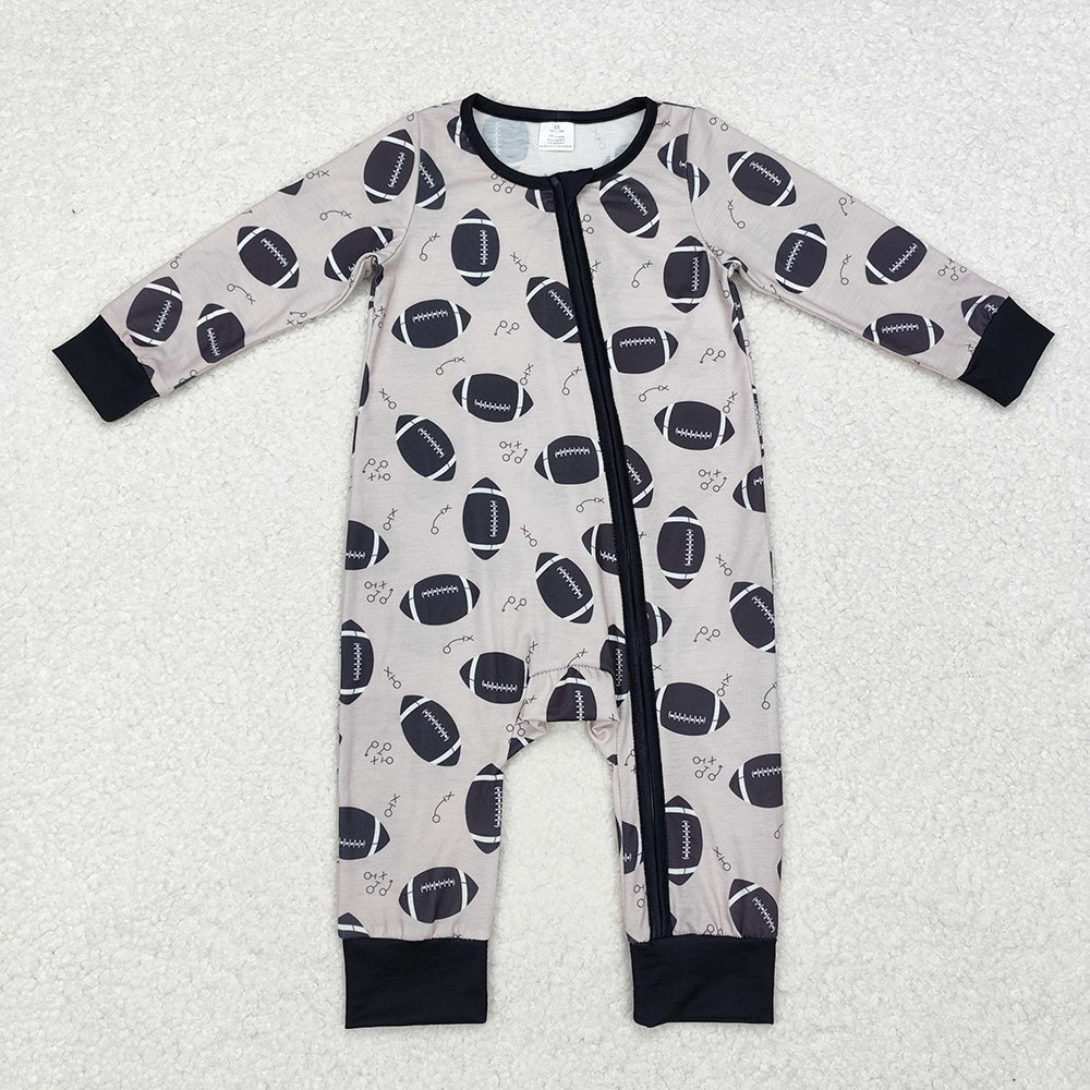 Baby Infant Boys Fall Football Bamboo Zip Long Sleeve Rompers